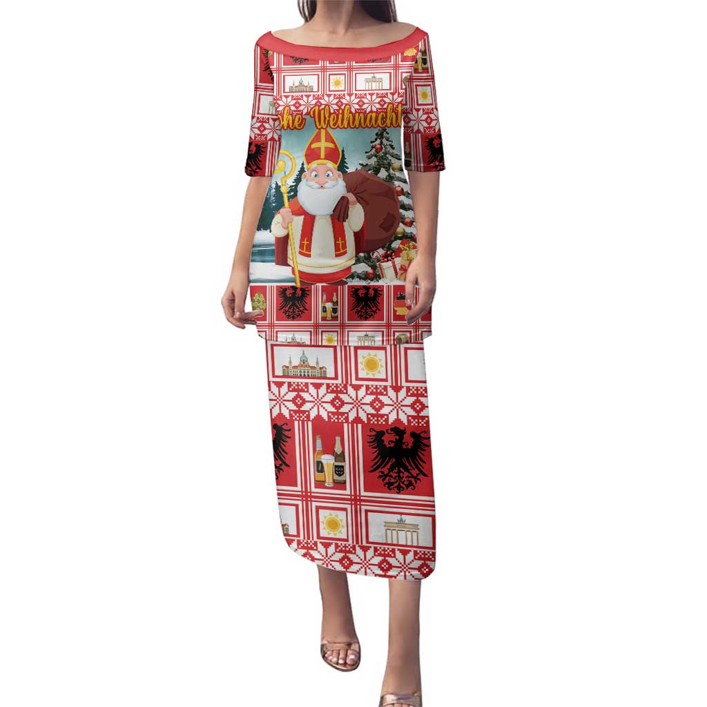 Personalized Germany Frohe Weihnachten Family Matching Puletasi and Hawaiian Shirt Cute Saint Nicholas With Christmas Tree - Wonder Print Shop