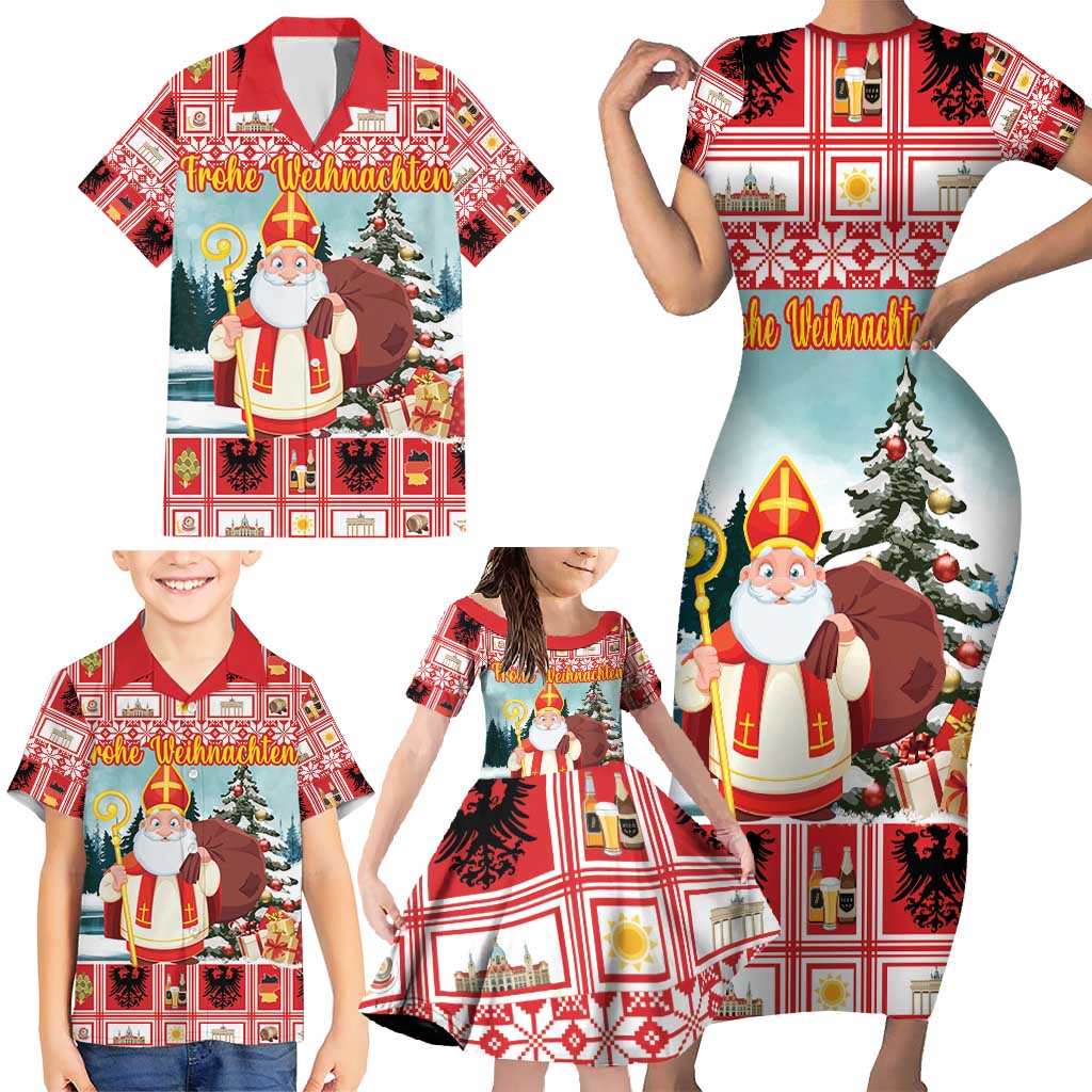 Personalized Germany Frohe Weihnachten Family Matching Short Sleeve Bodycon Dress and Hawaiian Shirt Cute Saint Nicholas With Christmas Tree - Wonder Print Shop