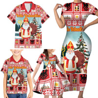 Personalized Germany Frohe Weihnachten Family Matching Short Sleeve Bodycon Dress and Hawaiian Shirt Cute Saint Nicholas With Christmas Tree - Wonder Print Shop