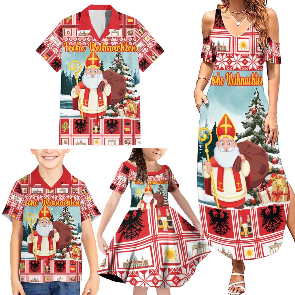 Personalized Germany Frohe Weihnachten Family Matching Summer Maxi Dress and Hawaiian Shirt Cute Saint Nicholas With Christmas Tree - Wonder Print Shop