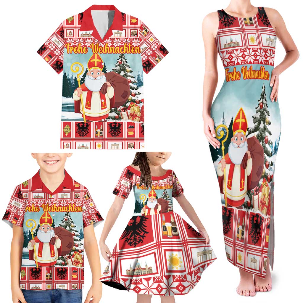 Personalized Germany Frohe Weihnachten Family Matching Tank Maxi Dress and Hawaiian Shirt Cute Saint Nicholas With Christmas Tree - Wonder Print Shop