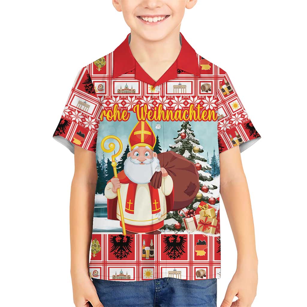 Personalized Germany Frohe Weihnachten Kid Hawaiian Shirt Cute Saint Nicholas With Christmas Tree - Wonder Print Shop