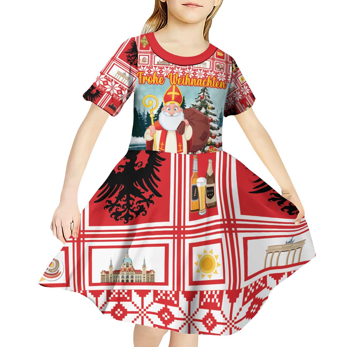 Personalized Germany Frohe Weihnachten Kid Short Sleeve Dress Cute Saint Nicholas With Christmas Tree - Wonder Print Shop