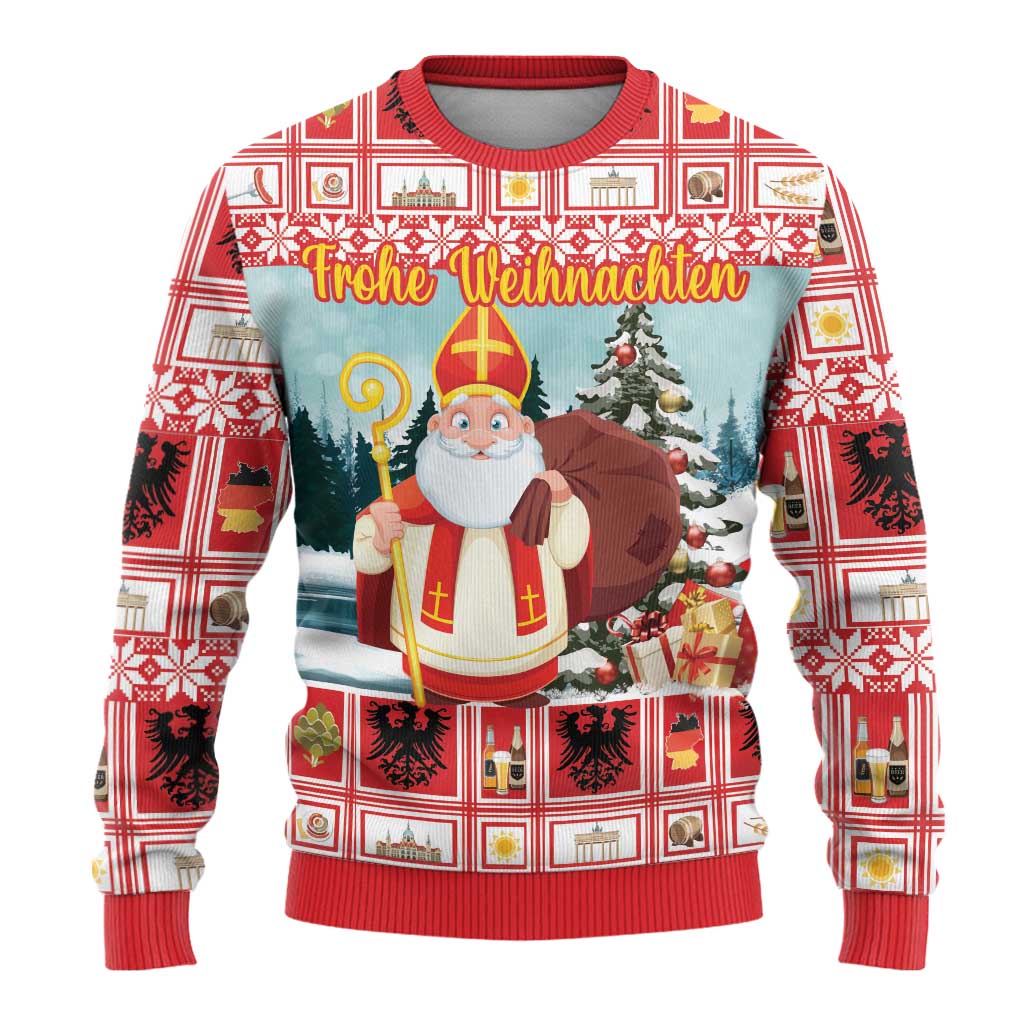 Personalized Germany Frohe Weihnachten Ugly Christmas Sweater Cute Saint Nicholas With Christmas Tree - Wonder Print Shop