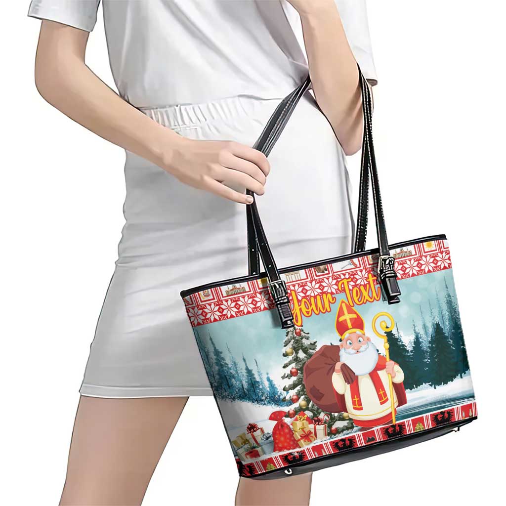 Personalized Germany Frohe Weihnachten Leather Tote Bag Cute Saint Nicholas With Christmas Tree - Wonder Print Shop
