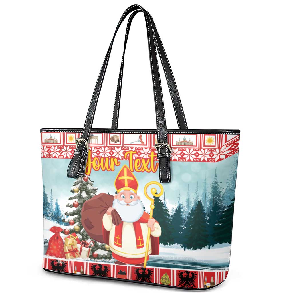 Personalized Germany Frohe Weihnachten Leather Tote Bag Cute Saint Nicholas With Christmas Tree - Wonder Print Shop