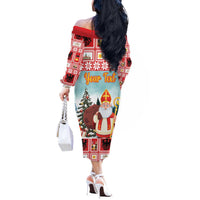 Personalized Germany Frohe Weihnachten Off The Shoulder Long Sleeve Dress Cute Saint Nicholas With Christmas Tree - Wonder Print Shop
