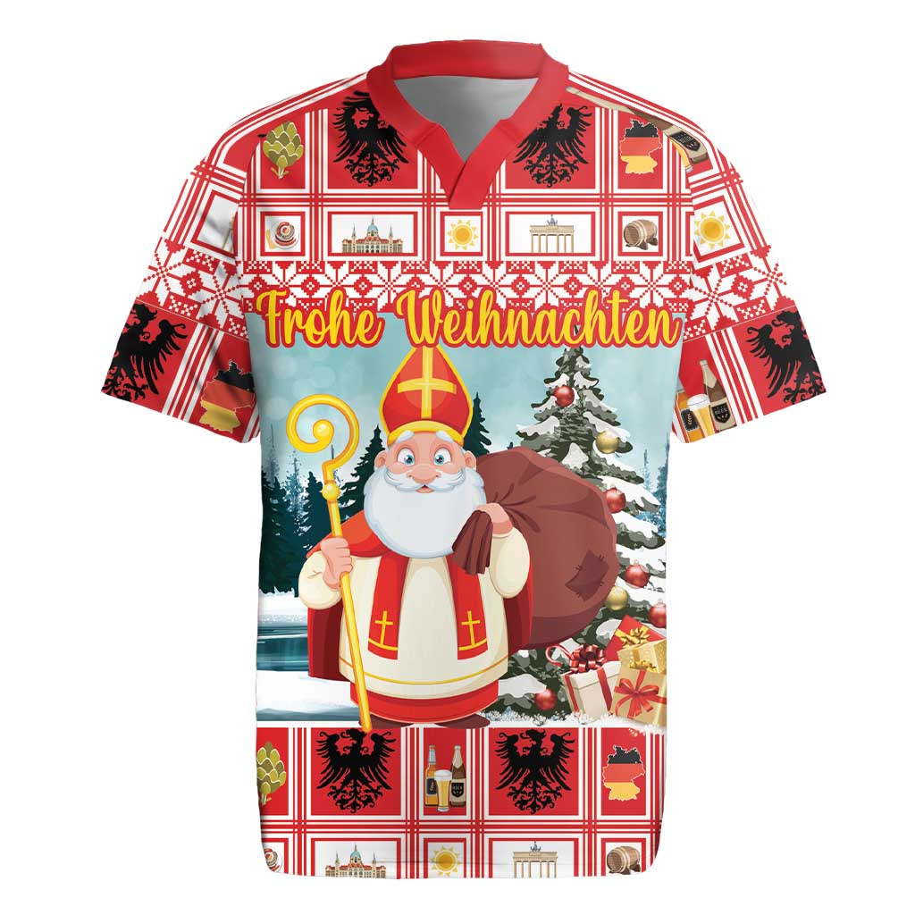 Personalized Germany Frohe Weihnachten Rugby Jersey Cute Saint Nicholas With Christmas Tree - Wonder Print Shop