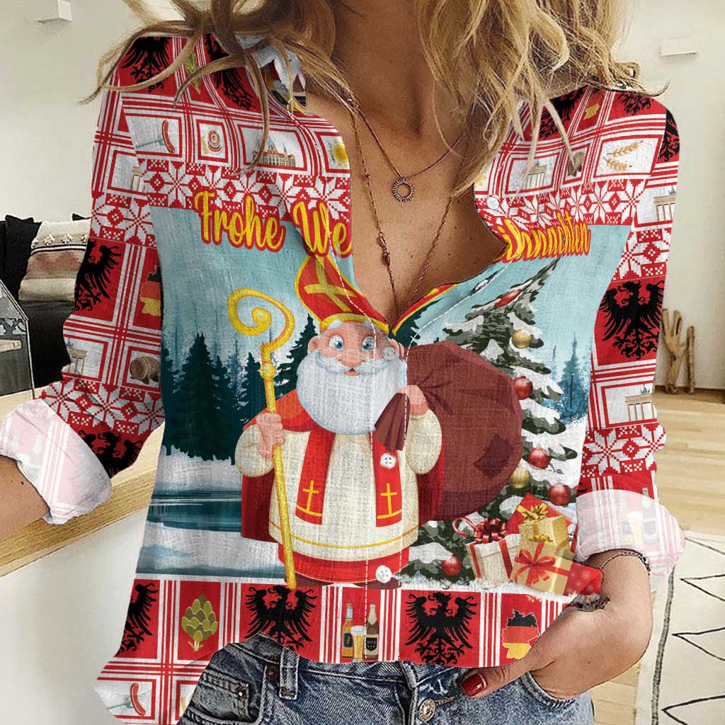 Personalized Germany Frohe Weihnachten Women Casual Shirt Cute Saint Nicholas With Christmas Tree - Wonder Print Shop