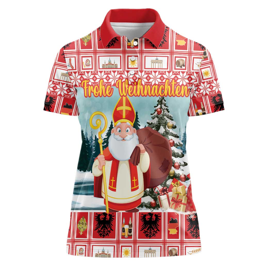 Personalized Germany Frohe Weihnachten Women Polo Shirt Cute Saint Nicholas With Christmas Tree - Wonder Print Shop