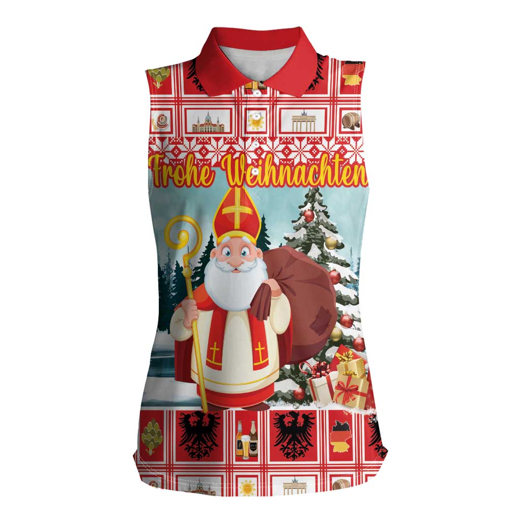 Personalized Germany Frohe Weihnachten Women Sleeveless Polo Shirt Cute Saint Nicholas With Christmas Tree - Wonder Print Shop