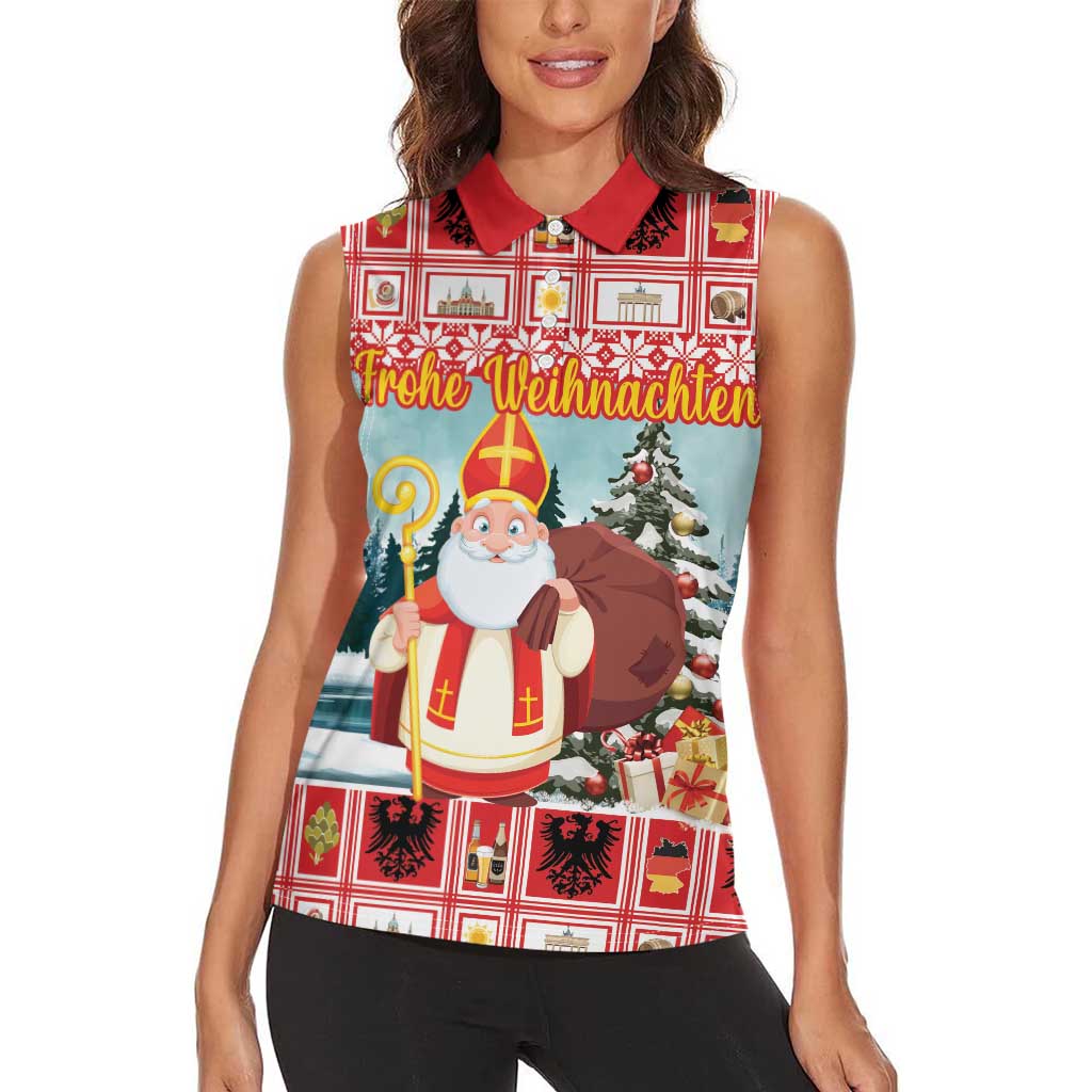 Personalized Germany Frohe Weihnachten Women Sleeveless Polo Shirt Cute Saint Nicholas With Christmas Tree - Wonder Print Shop