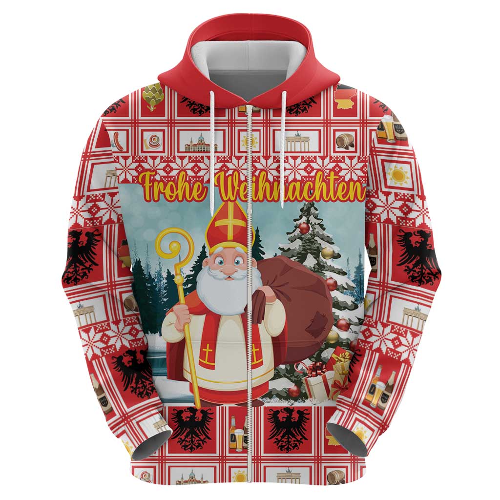 Personalized Germany Frohe Weihnachten Zip Hoodie Cute Saint Nicholas With Christmas Tree - Wonder Print Shop