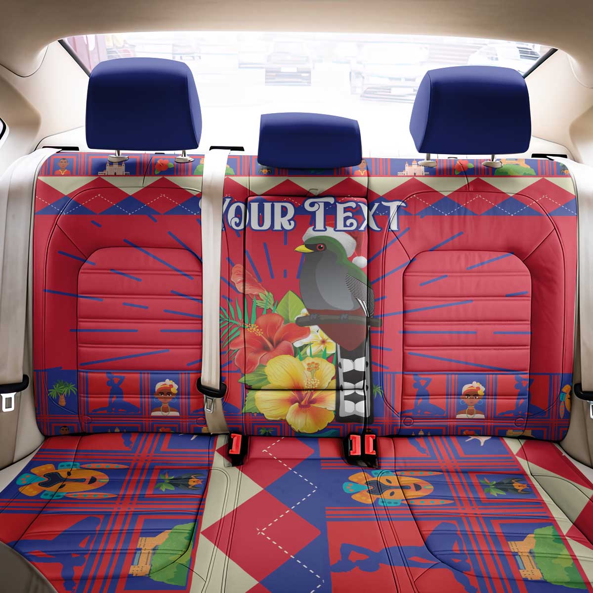 Personalized Haiti Jwaye Nowel Back Car Seat Cover Hispaniolan Trogon With Hibiscus Flowers - Wonder Print Shop