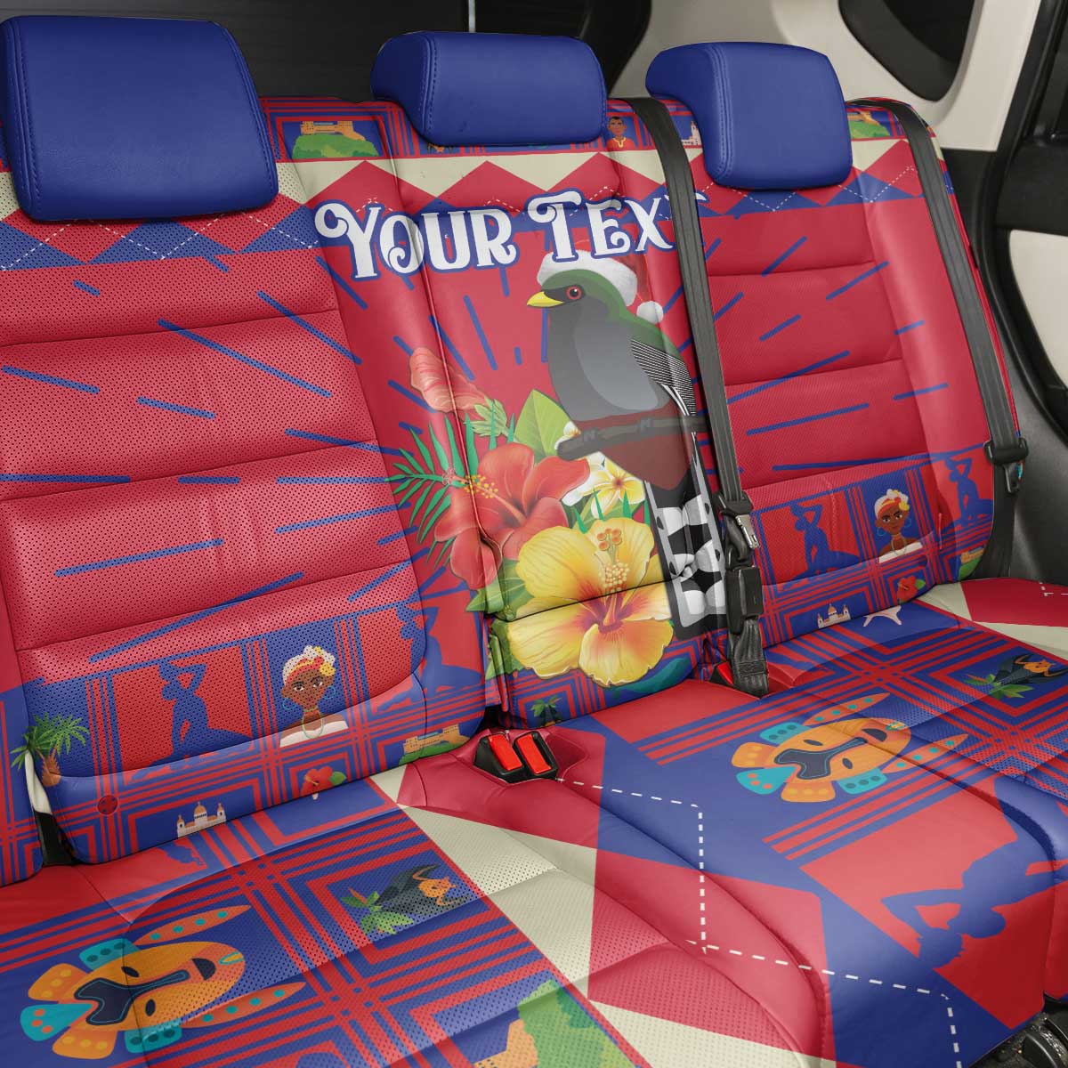Personalized Haiti Jwaye Nowel Back Car Seat Cover Hispaniolan Trogon With Hibiscus Flowers - Wonder Print Shop