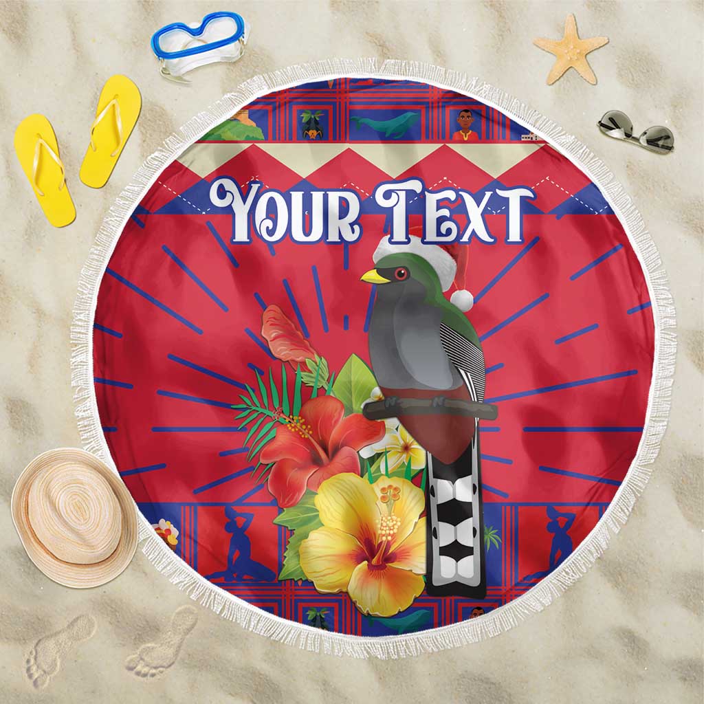 Personalized Haiti Jwaye Nowel Beach Blanket Hispaniolan Trogon With Hibiscus Flowers - Wonder Print Shop