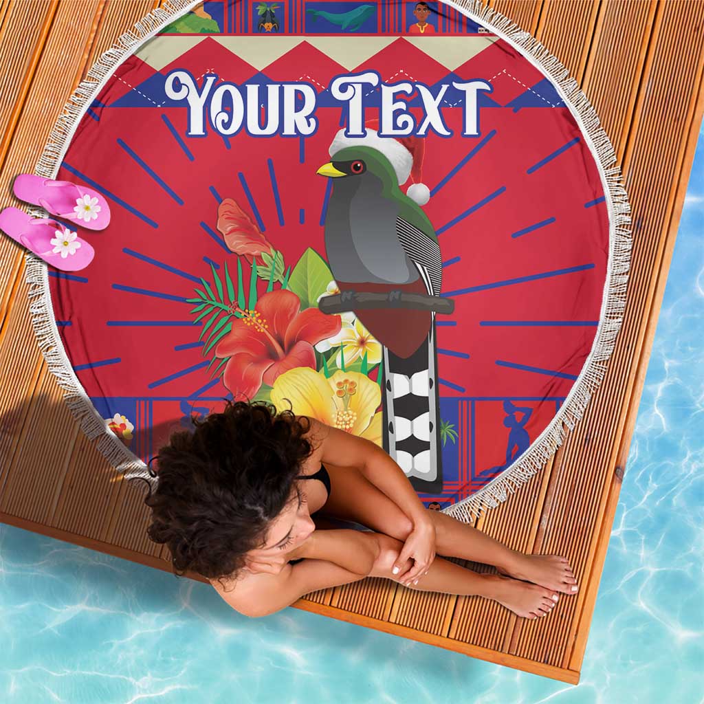 Personalized Haiti Jwaye Nowel Beach Blanket Hispaniolan Trogon With Hibiscus Flowers - Wonder Print Shop