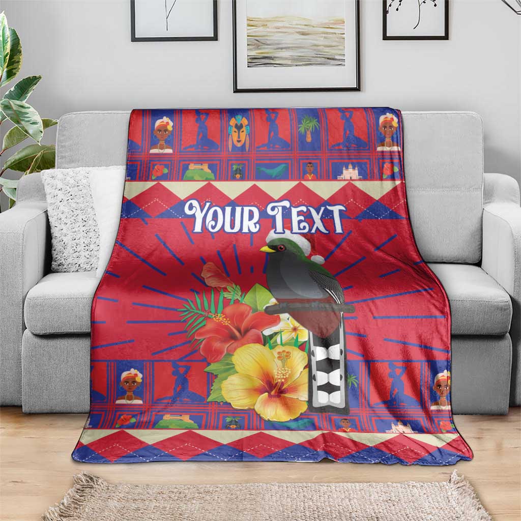 Personalized Haiti Jwaye Nowel Blanket Hispaniolan Trogon With Hibiscus Flowers
