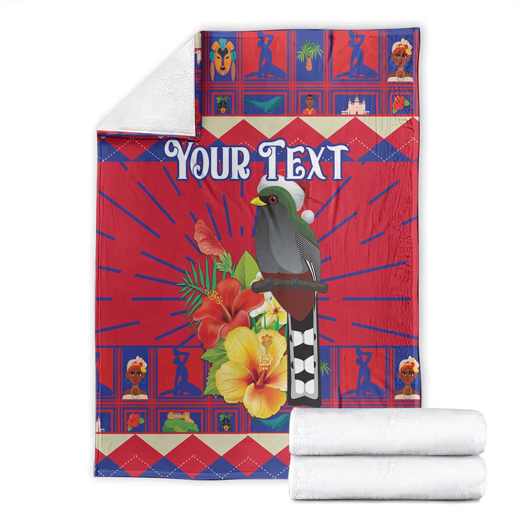 Personalized Haiti Jwaye Nowel Blanket Hispaniolan Trogon With Hibiscus Flowers