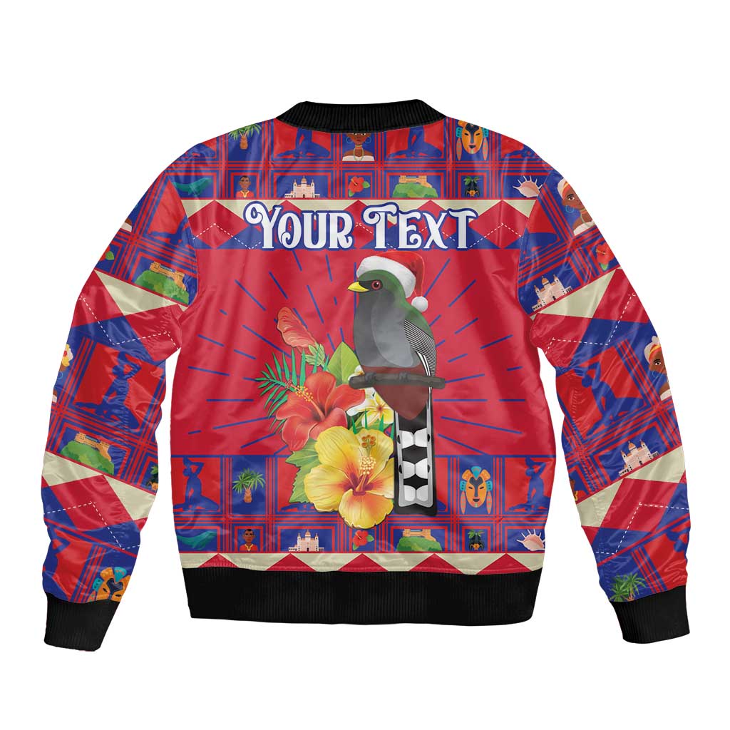 Personalized Haiti Jwaye Nowel Bomber Jacket Hispaniolan Trogon With Hibiscus Flowers - Wonder Print Shop