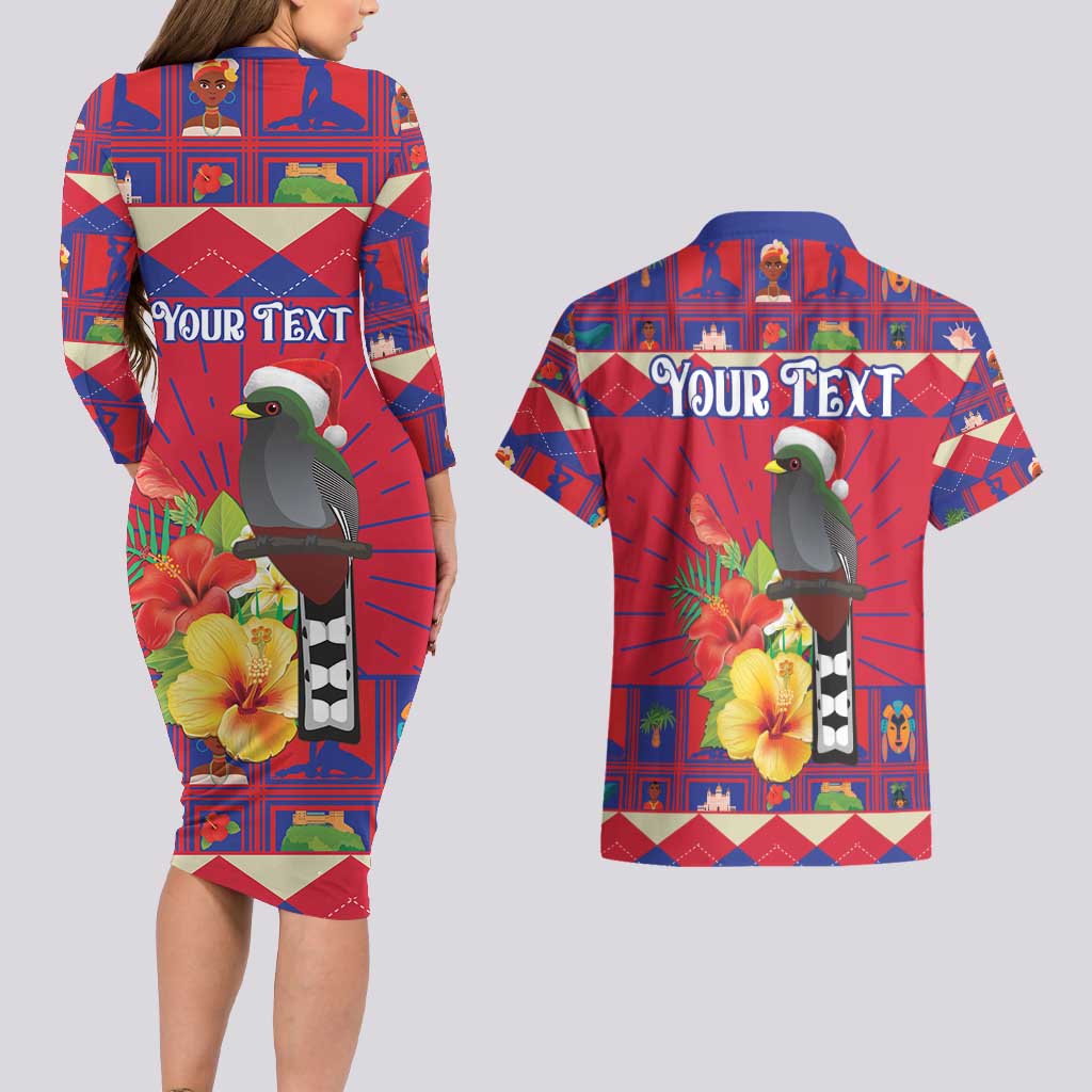 Personalized Haiti Jwaye Nowel Couples Matching Long Sleeve Bodycon Dress and Hawaiian Shirt Hispaniolan Trogon With Hibiscus Flowers - Wonder Print Shop