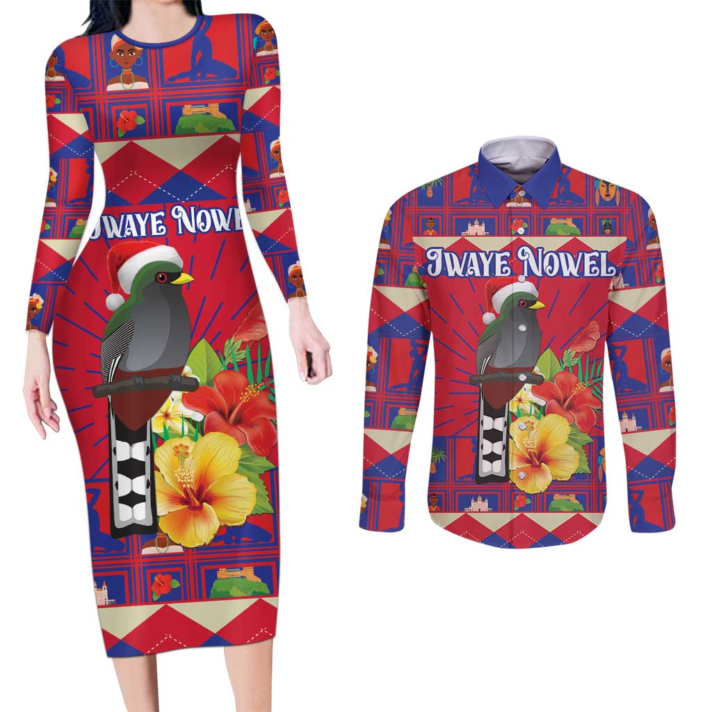 Personalized Haiti Jwaye Nowel Couples Matching Long Sleeve Bodycon Dress and Long Sleeve Button Shirt Hispaniolan Trogon With Hibiscus Flowers - Wonder Print Shop
