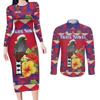 Personalized Haiti Jwaye Nowel Couples Matching Long Sleeve Bodycon Dress and Long Sleeve Button Shirt Hispaniolan Trogon With Hibiscus Flowers - Wonder Print Shop