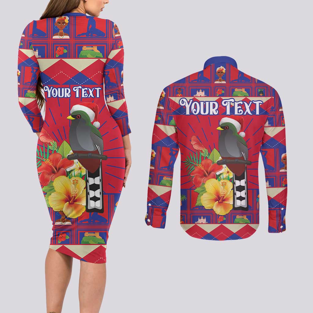 Personalized Haiti Jwaye Nowel Couples Matching Long Sleeve Bodycon Dress and Long Sleeve Button Shirt Hispaniolan Trogon With Hibiscus Flowers - Wonder Print Shop