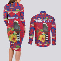 Personalized Haiti Jwaye Nowel Couples Matching Long Sleeve Bodycon Dress and Long Sleeve Button Shirt Hispaniolan Trogon With Hibiscus Flowers - Wonder Print Shop