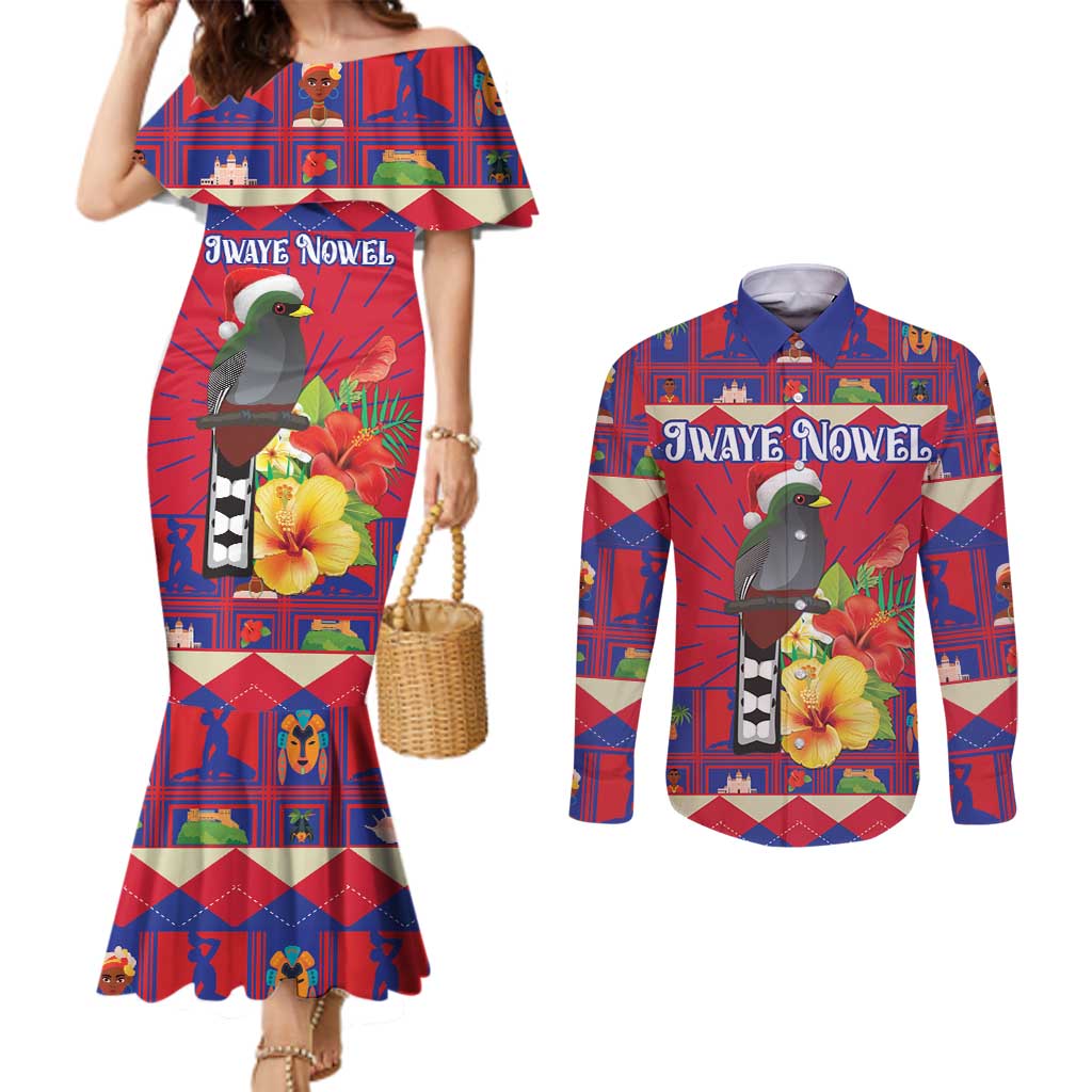 Personalized Haiti Jwaye Nowel Couples Matching Mermaid Dress and Long Sleeve Button Shirt Hispaniolan Trogon With Hibiscus Flowers