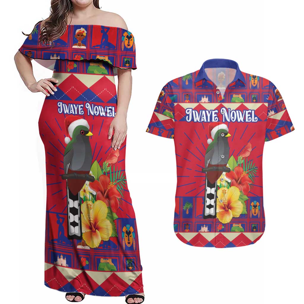 Personalized Haiti Jwaye Nowel Couples Matching Off Shoulder Maxi Dress and Hawaiian Shirt Hispaniolan Trogon With Hibiscus Flowers - Wonder Print Shop