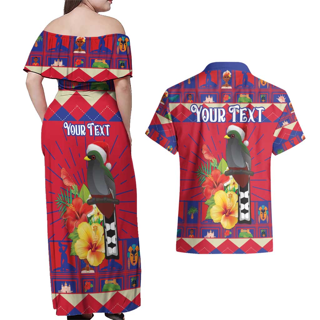 Personalized Haiti Jwaye Nowel Couples Matching Off Shoulder Maxi Dress and Hawaiian Shirt Hispaniolan Trogon With Hibiscus Flowers - Wonder Print Shop