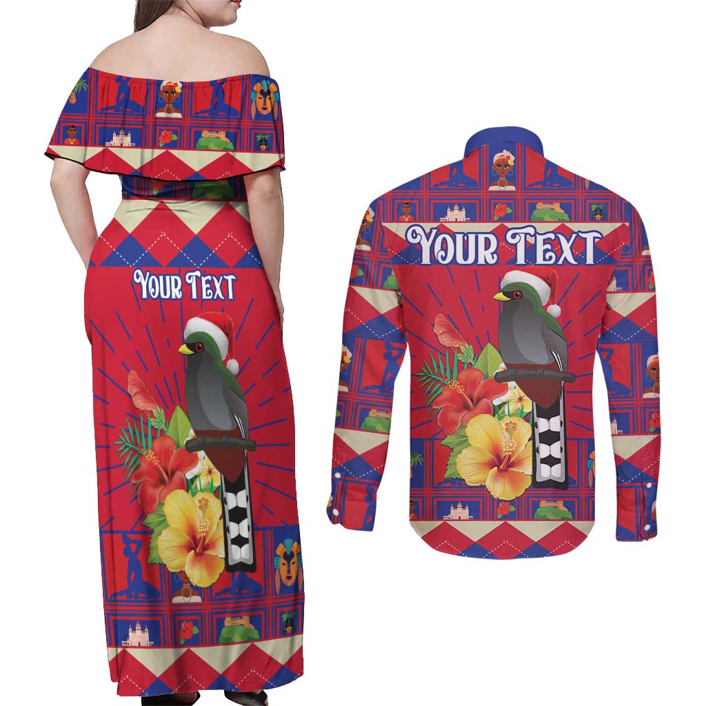 Personalized Haiti Jwaye Nowel Couples Matching Off Shoulder Maxi Dress and Long Sleeve Button Shirt Hispaniolan Trogon With Hibiscus Flowers - Wonder Print Shop
