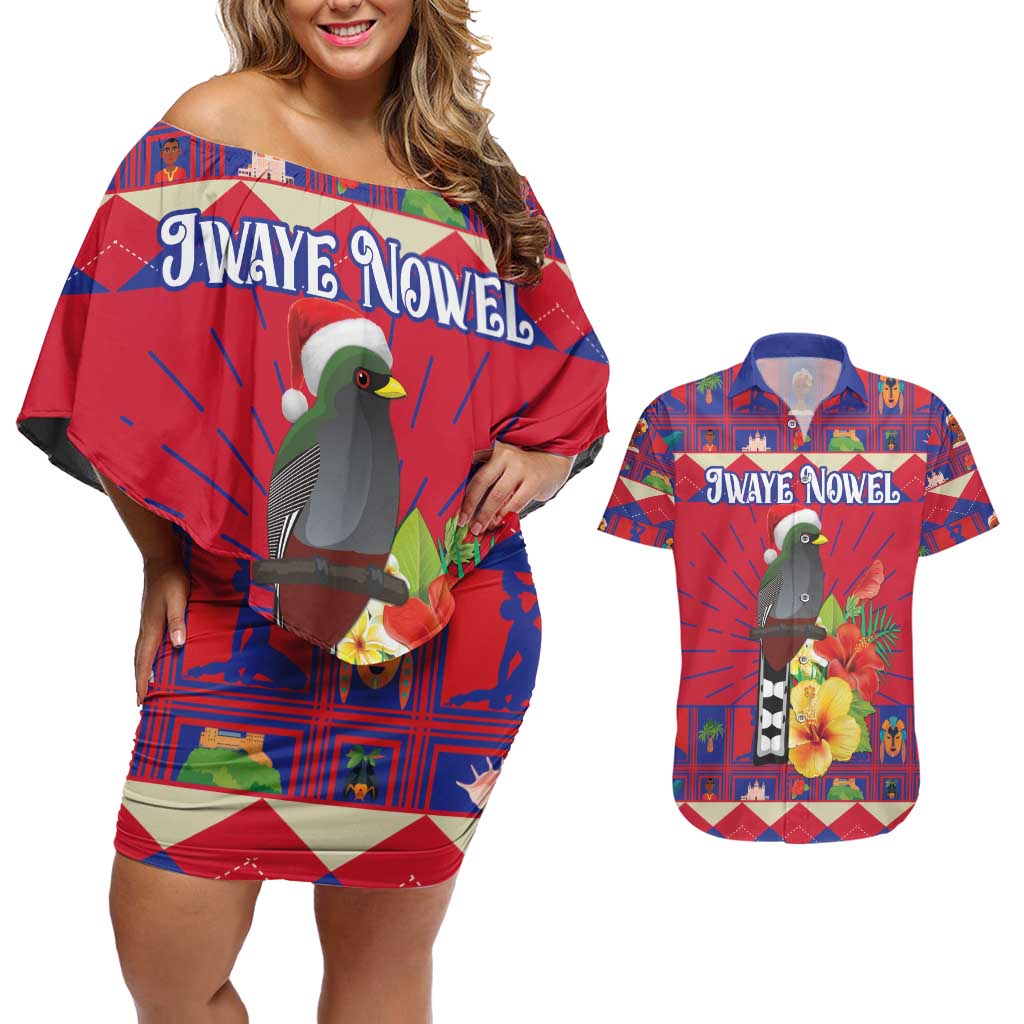 Personalized Haiti Jwaye Nowel Couples Matching Off Shoulder Short Dress and Hawaiian Shirt Hispaniolan Trogon With Hibiscus Flowers - Wonder Print Shop