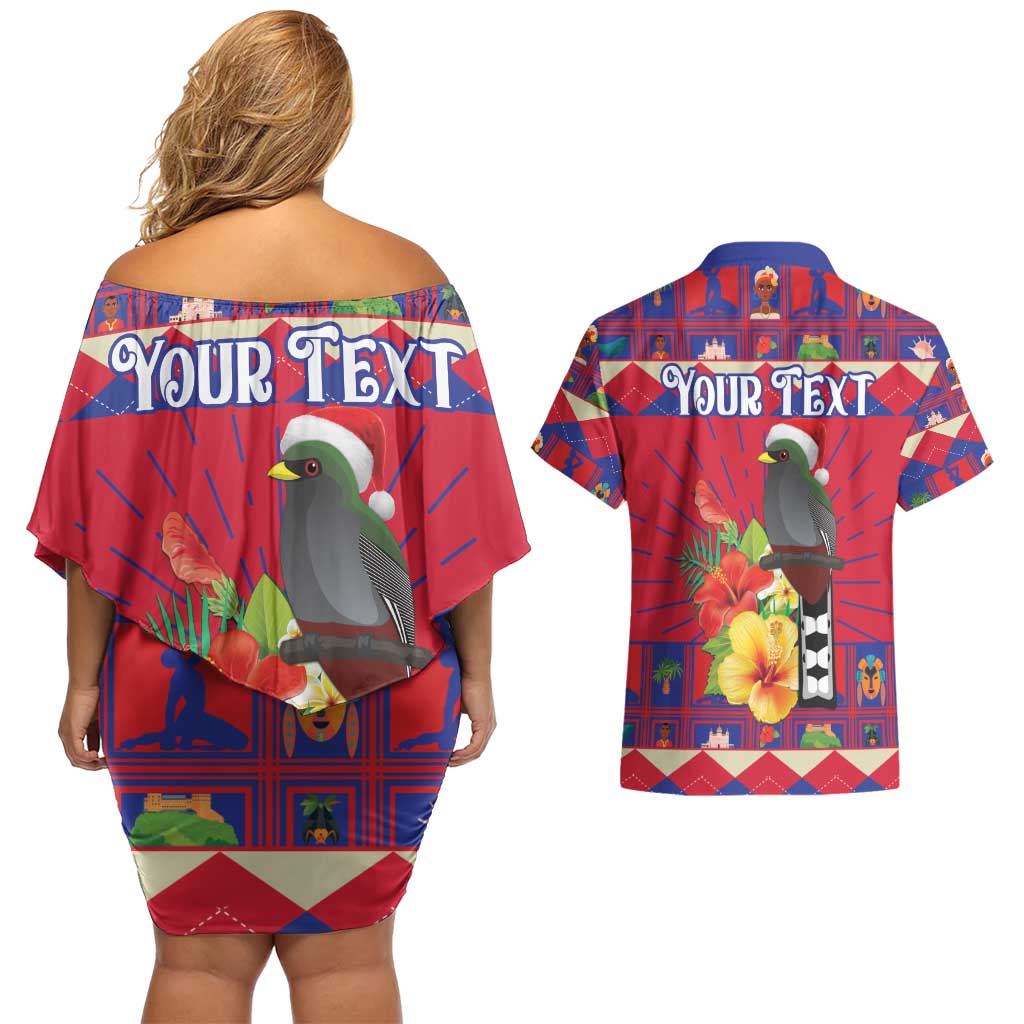 Personalized Haiti Jwaye Nowel Couples Matching Off Shoulder Short Dress and Hawaiian Shirt Hispaniolan Trogon With Hibiscus Flowers - Wonder Print Shop