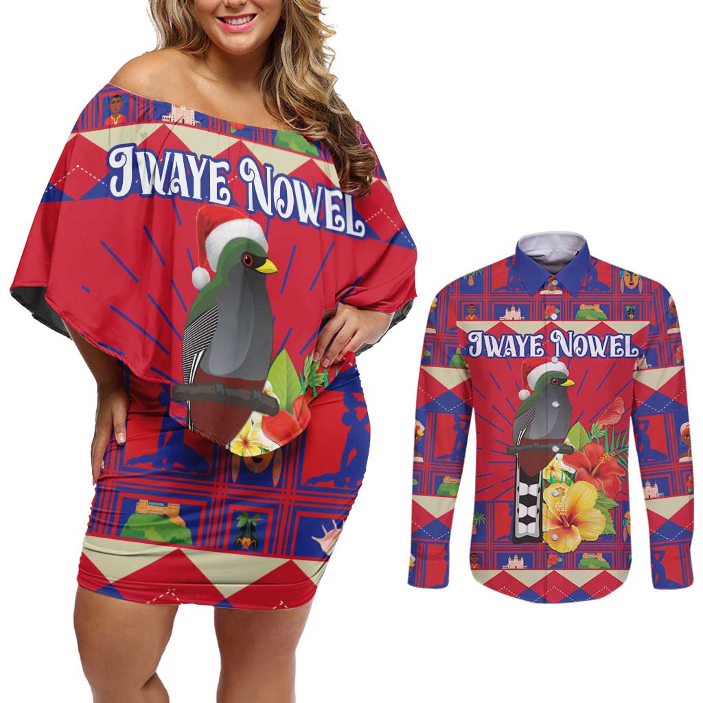 Personalized Haiti Jwaye Nowel Couples Matching Off Shoulder Short Dress and Long Sleeve Button Shirt Hispaniolan Trogon With Hibiscus Flowers - Wonder Print Shop