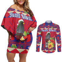 Personalized Haiti Jwaye Nowel Couples Matching Off Shoulder Short Dress and Long Sleeve Button Shirt Hispaniolan Trogon With Hibiscus Flowers - Wonder Print Shop