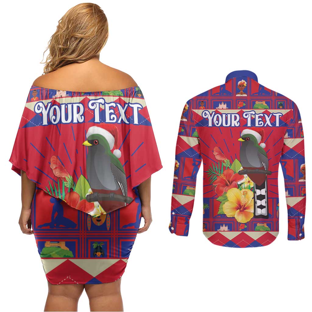 Personalized Haiti Jwaye Nowel Couples Matching Off Shoulder Short Dress and Long Sleeve Button Shirt Hispaniolan Trogon With Hibiscus Flowers - Wonder Print Shop