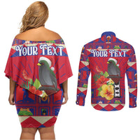 Personalized Haiti Jwaye Nowel Couples Matching Off Shoulder Short Dress and Long Sleeve Button Shirt Hispaniolan Trogon With Hibiscus Flowers - Wonder Print Shop