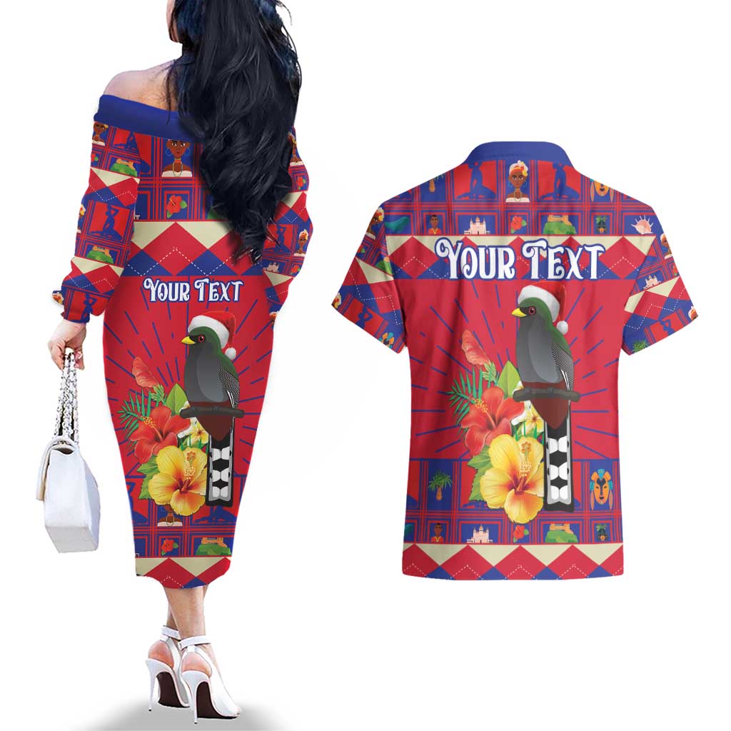 Personalized Haiti Jwaye Nowel Couples Matching Off The Shoulder Long Sleeve Dress and Hawaiian Shirt Hispaniolan Trogon With Hibiscus Flowers - Wonder Print Shop