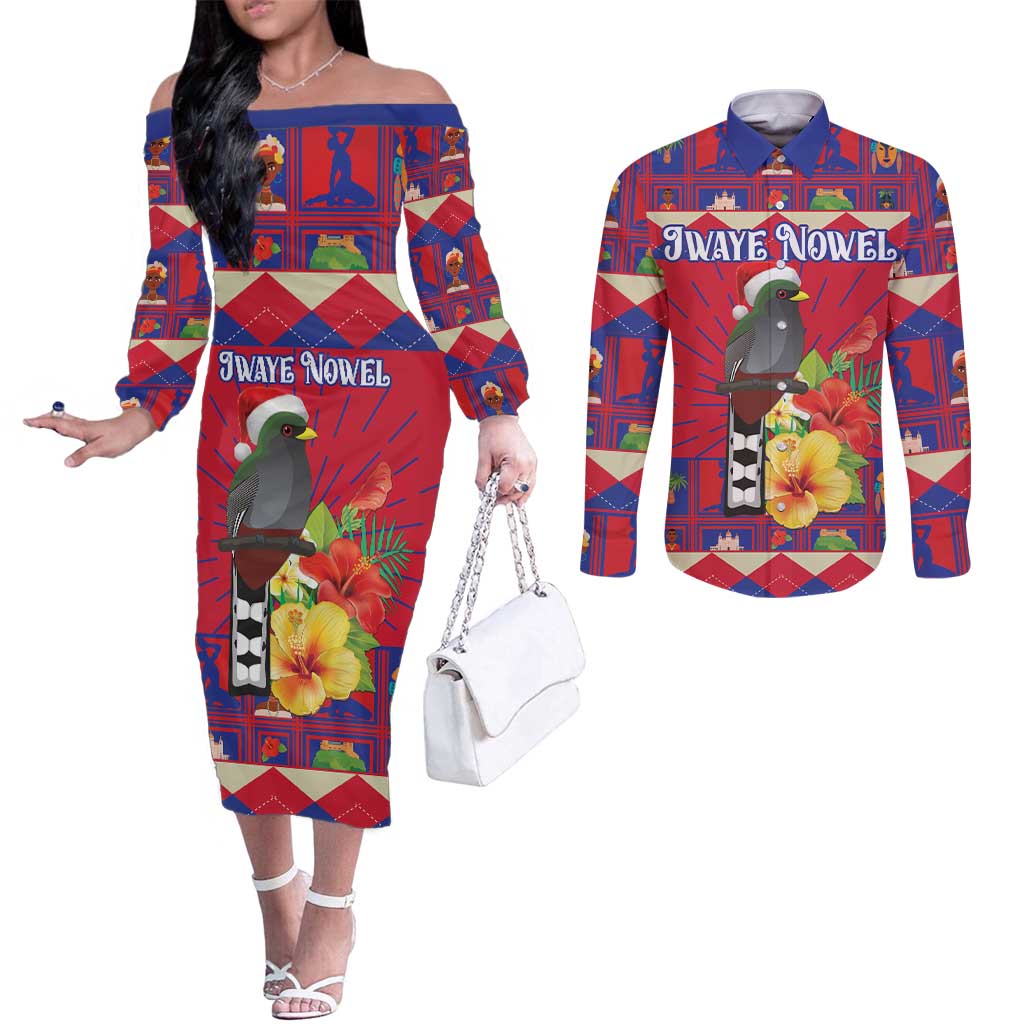 Personalized Haiti Jwaye Nowel Couples Matching Off The Shoulder Long Sleeve Dress and Long Sleeve Button Shirt Hispaniolan Trogon With Hibiscus Flowers