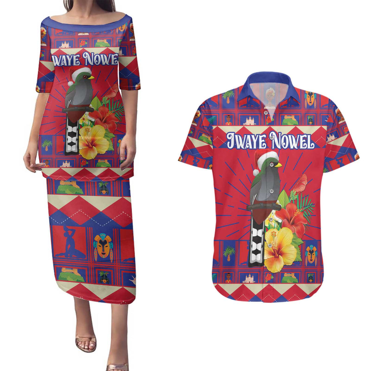 Personalized Haiti Jwaye Nowel Couples Matching Puletasi and Hawaiian Shirt Hispaniolan Trogon With Hibiscus Flowers - Wonder Print Shop
