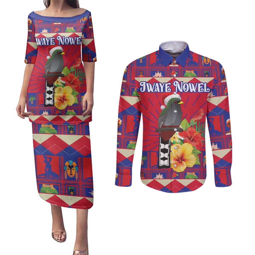 Personalized Haiti Jwaye Nowel Couples Matching Puletasi and Long Sleeve Button Shirt Hispaniolan Trogon With Hibiscus Flowers - Wonder Print Shop
