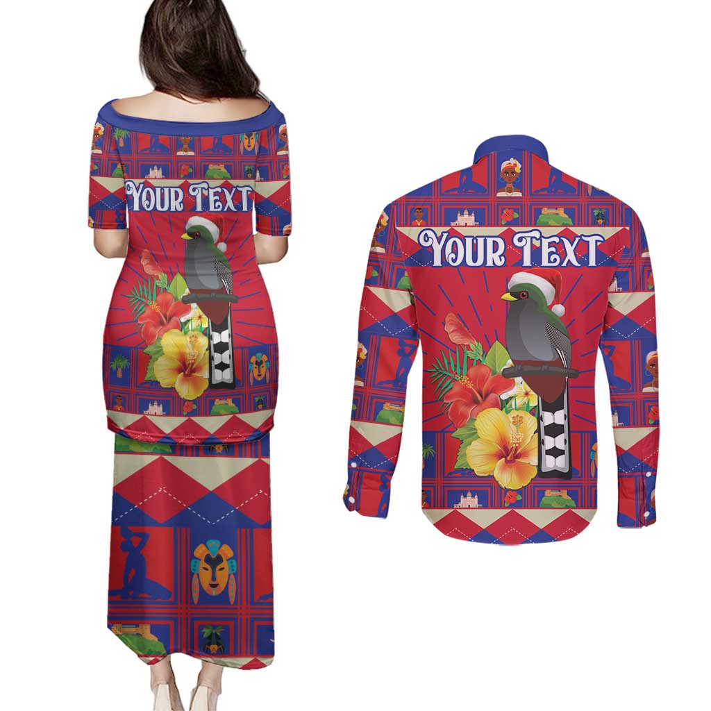 Personalized Haiti Jwaye Nowel Couples Matching Puletasi and Long Sleeve Button Shirt Hispaniolan Trogon With Hibiscus Flowers - Wonder Print Shop