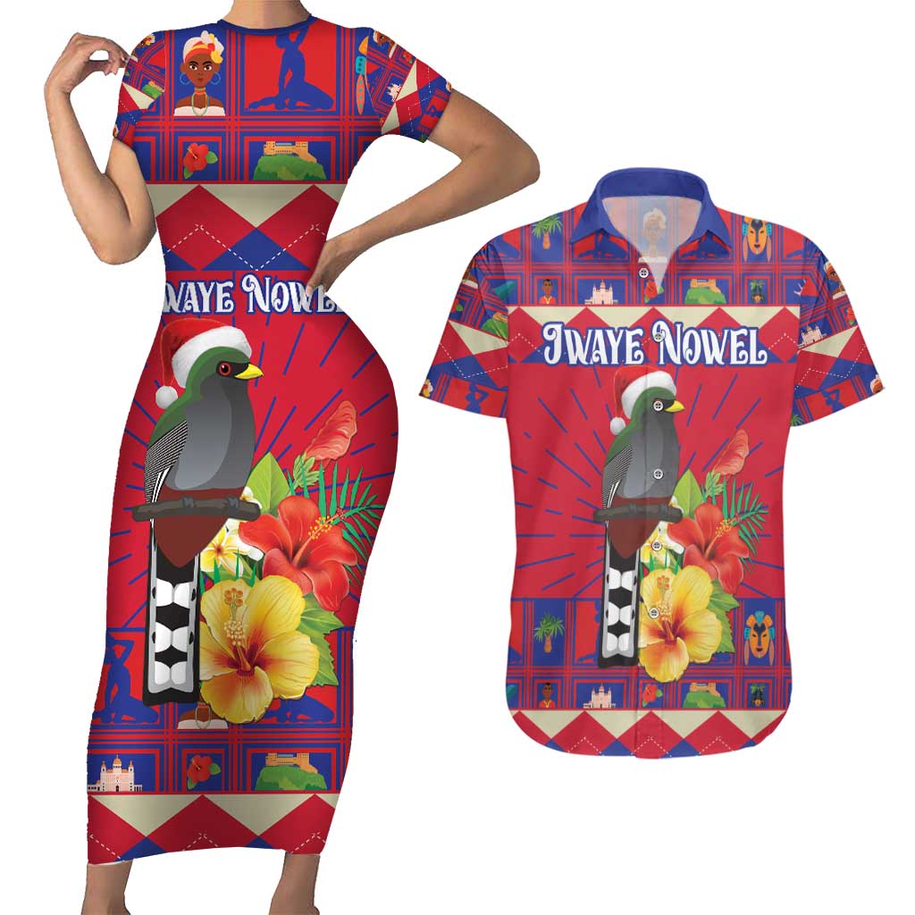 Personalized Haiti Jwaye Nowel Couples Matching Short Sleeve Bodycon Dress and Hawaiian Shirt Hispaniolan Trogon With Hibiscus Flowers - Wonder Print Shop