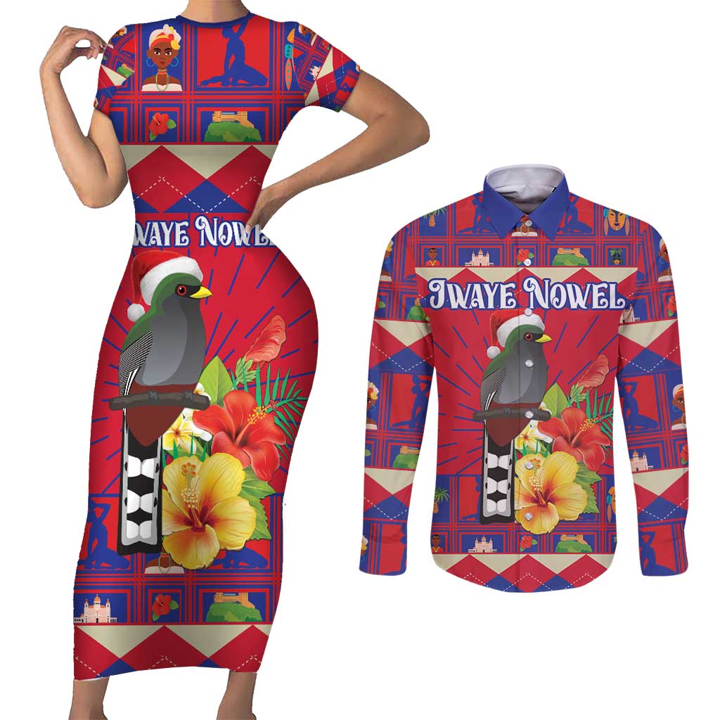 Personalized Haiti Jwaye Nowel Couples Matching Short Sleeve Bodycon Dress and Long Sleeve Button Shirt Hispaniolan Trogon With Hibiscus Flowers - Wonder Print Shop