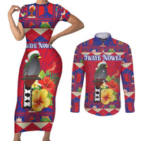 Personalized Haiti Jwaye Nowel Couples Matching Short Sleeve Bodycon Dress and Long Sleeve Button Shirt Hispaniolan Trogon With Hibiscus Flowers - Wonder Print Shop