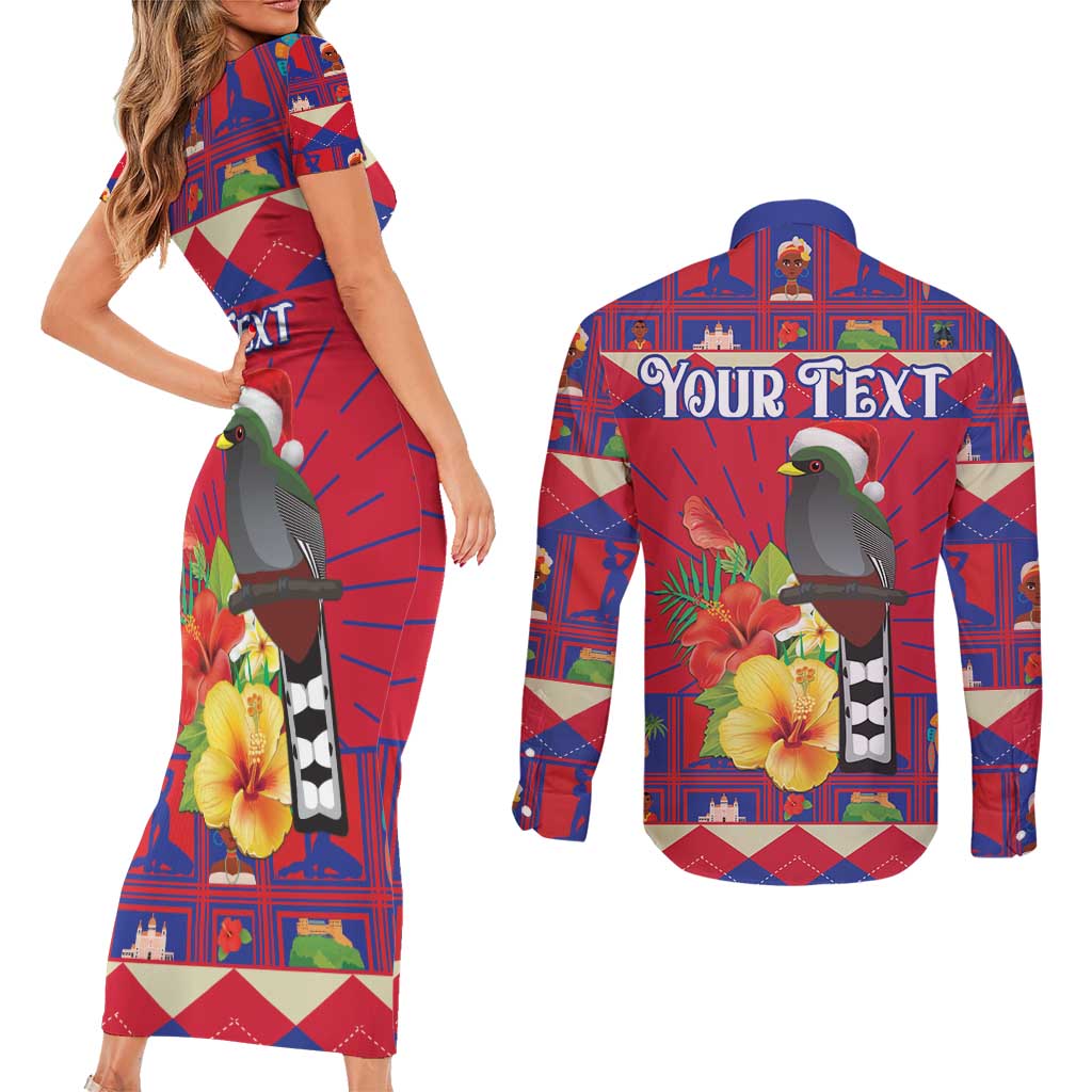 Personalized Haiti Jwaye Nowel Couples Matching Short Sleeve Bodycon Dress and Long Sleeve Button Shirt Hispaniolan Trogon With Hibiscus Flowers - Wonder Print Shop