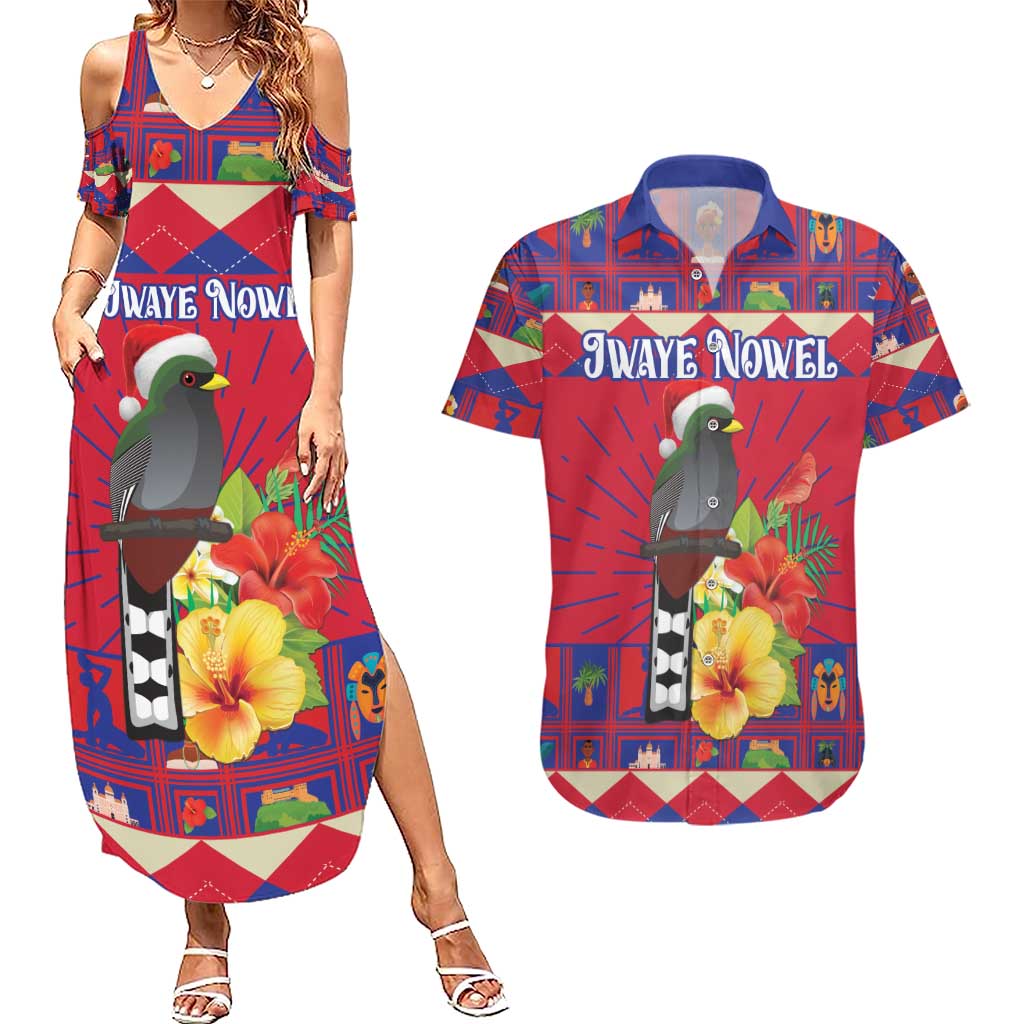 Personalized Haiti Jwaye Nowel Couples Matching Summer Maxi Dress and Hawaiian Shirt Hispaniolan Trogon With Hibiscus Flowers - Wonder Print Shop