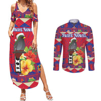 Personalized Haiti Jwaye Nowel Couples Matching Summer Maxi Dress and Long Sleeve Button Shirt Hispaniolan Trogon With Hibiscus Flowers - Wonder Print Shop